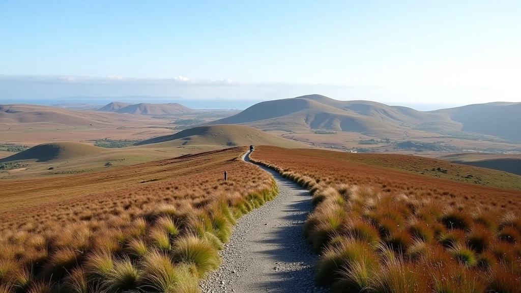 Mountain plateau landscape with blanket bog terrain, scenic Cuilcagh vista, hiking trail with clear skies, accessible boardwalk perspective