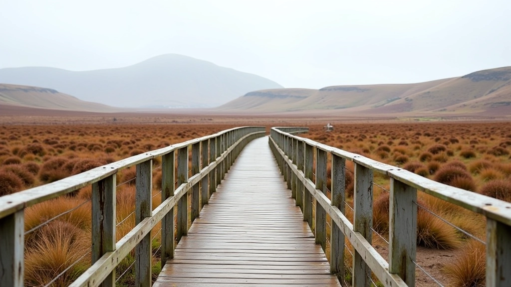 Cuilcagh Mountain boardwalk pathway with mountain views and blanket bog landscape, accessible hiking trail with metal railings, scenic plateau vista