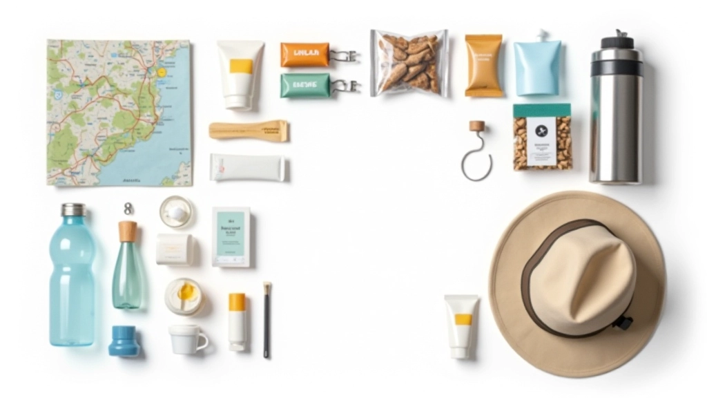 Overhead view of hiking backpack contents organized including sunscreen, water bottle, snacks, first aid kit, and map