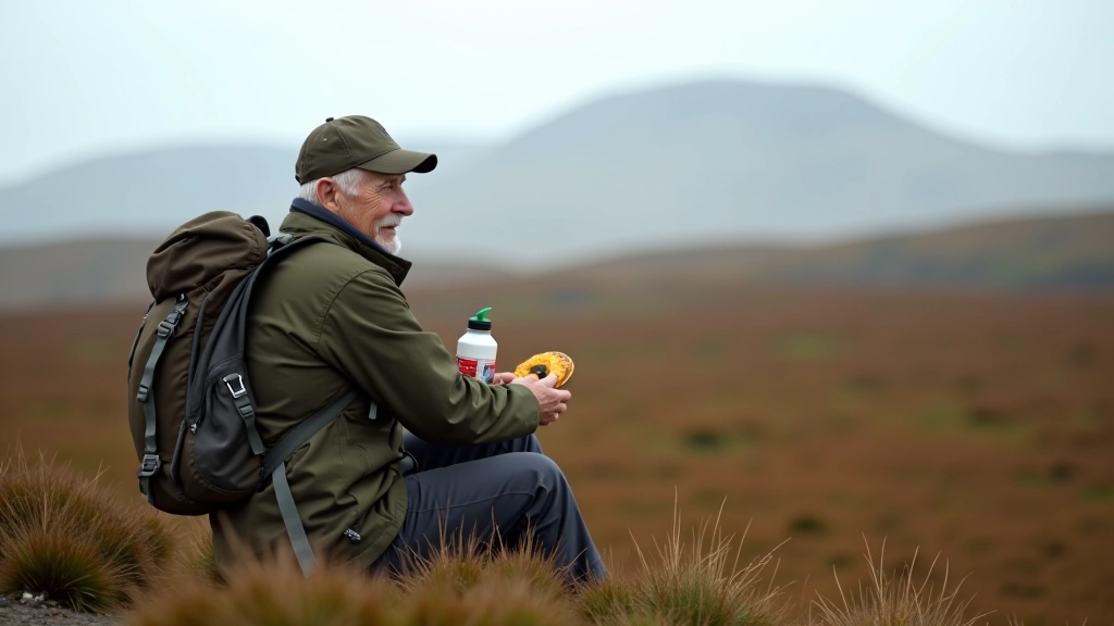 Hiker sitting on bog plateau eating snacks from a backpack with water bottle nearby