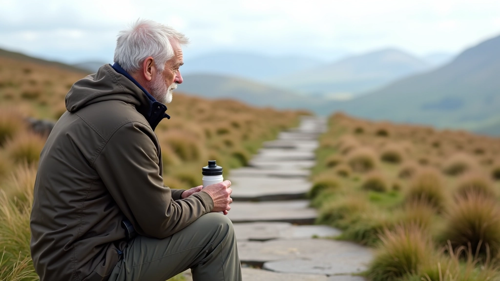 Hiker sitting on mountain steps taking a rest break with water bottle visible