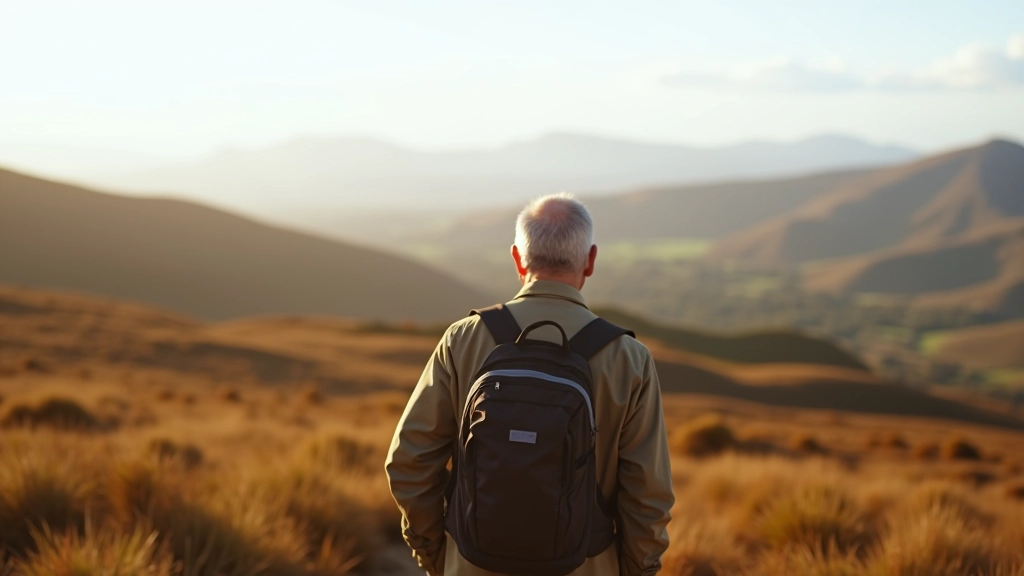 Hiker standing on plateau overlooking expansive landscape