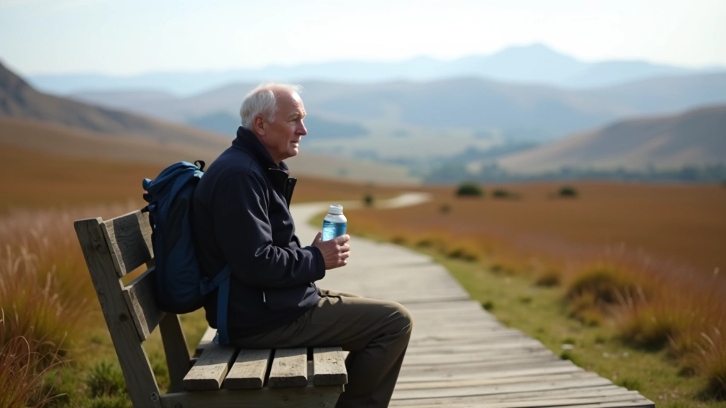 Senior hiker sitting on wooden bench on boardwalk trail, holding water bottle, mountain landscape stretching into distance, clear blue sky