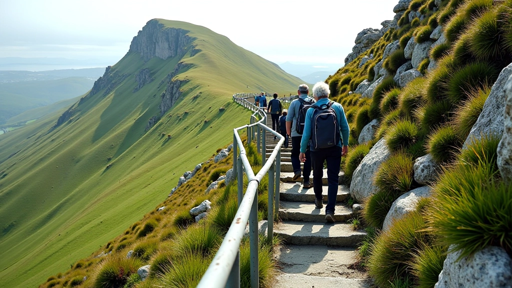 Stone stairway ascending steep slope with metal handrails on both sides, hikers of various ages climbing at different paces, green vegetation surrounding