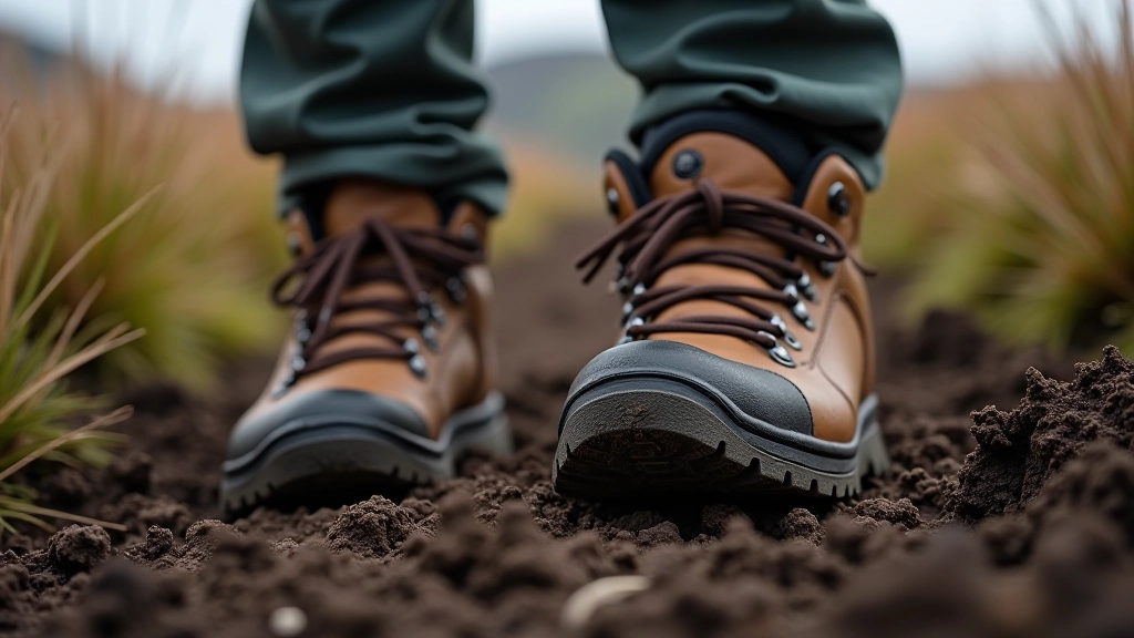 Close-up of waterproof hiking boots on rocky terrain showing proper tread and ankle support