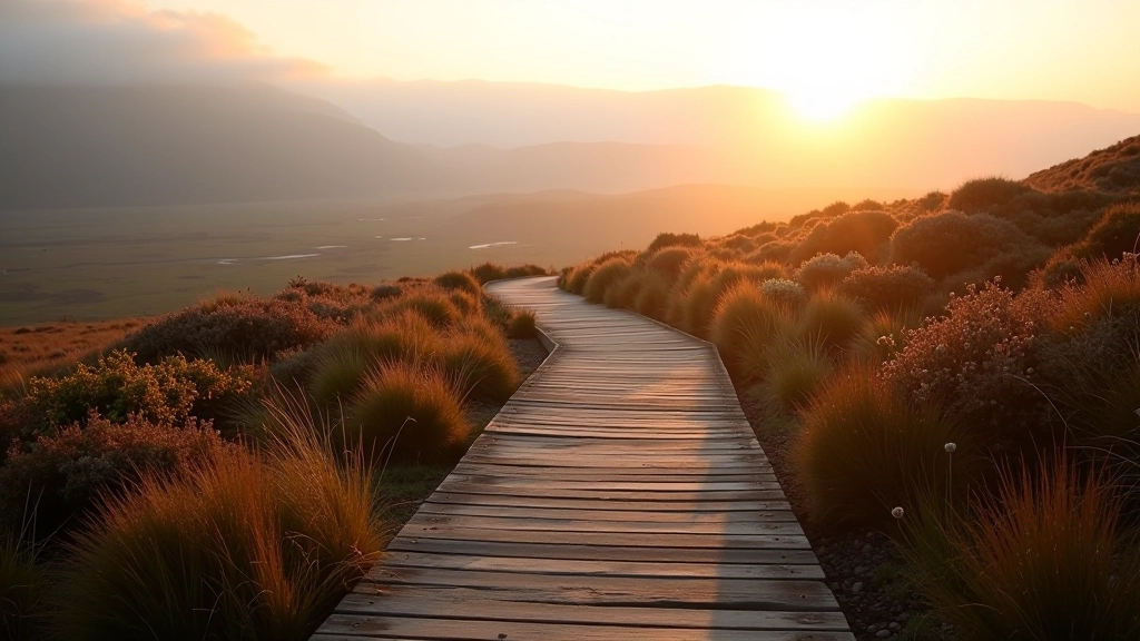 Wooden boardwalk pathway through blanket bog landscape