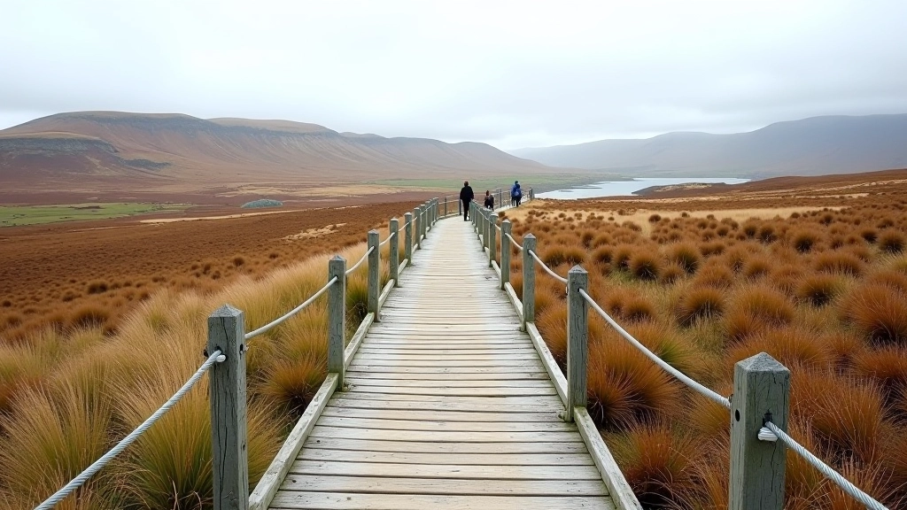 Wide wooden boardwalk trail stretching across blanket bog plateau with gentle incline, railing on both sides, mountain views in distance